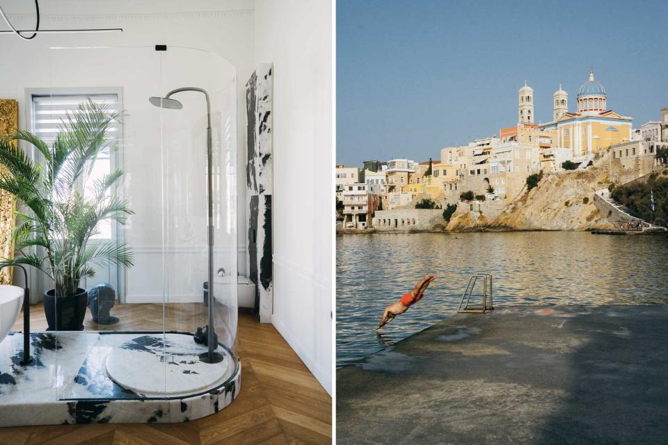 Two photos from Syros greece, showing the interior of a hotel guest room, and a person diving into the water