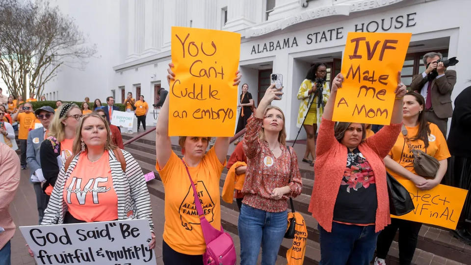 Women rally in support of in vitro fertilization in March at the Alabama House in Montgomery. The Legislature approved legislation that month protecting patients and medical professionals from civil and criminal liability for IVF; the governor signed it.