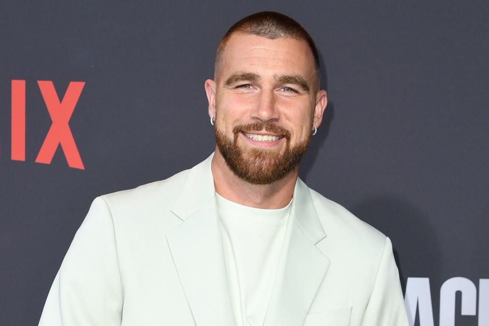 <p>JC Olivera/Getty</p> Travis Kelce attends Los Angeles premiere of Netflix