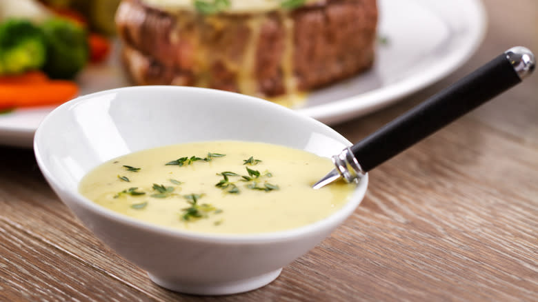 close up of white sauce in bowl