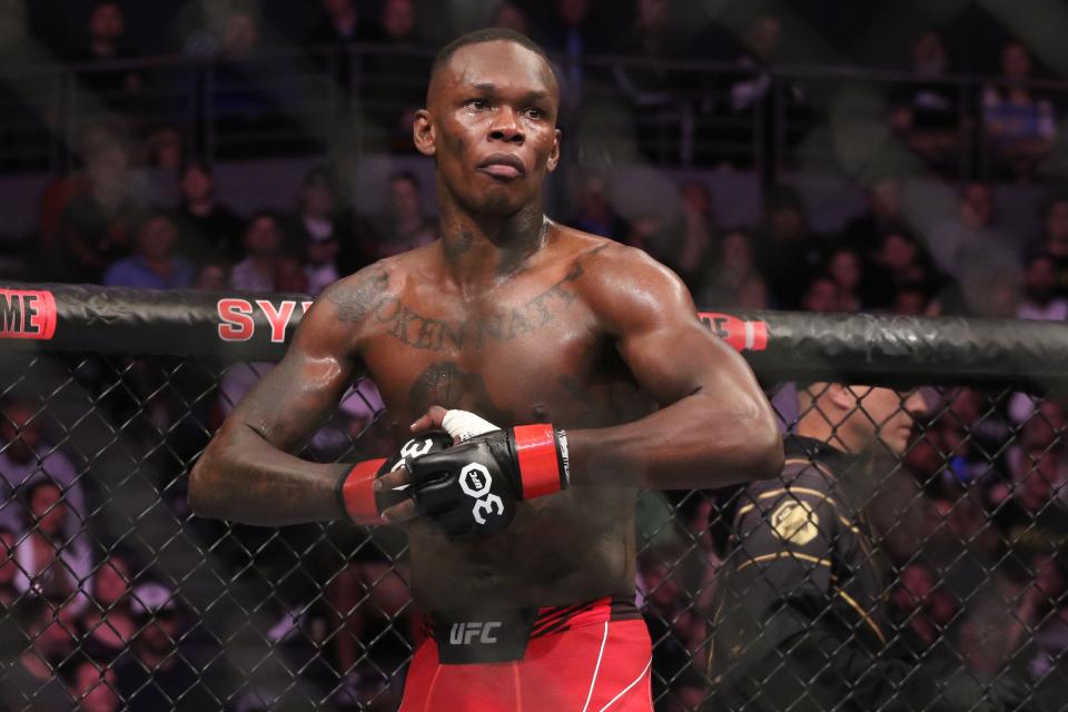 Sep 9, 2023; Sydney, NSW, AUSTRALIA; Israel Adesanya reacts during his fight with Sean Strickland (not pictured) in UFC 293 at Qudos Bank Arena. Mandatory Credit: Jasmin Frank-USA TODAY Sports