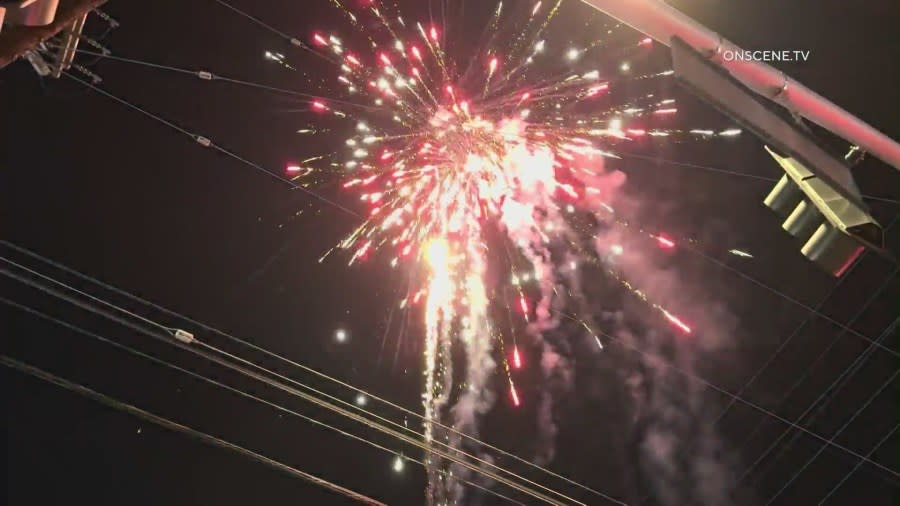 Fireworks were set off by attendees at an illegal street takeover in South Los Angeles on April 28, 2024. (Onscene.TV)