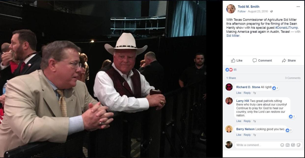 A Facebook post by the recently indicted Todd M. Smith, left, who is a lobbyist and a campaign consultant for Texas Agriculture Commissioner Sid Miller, right.