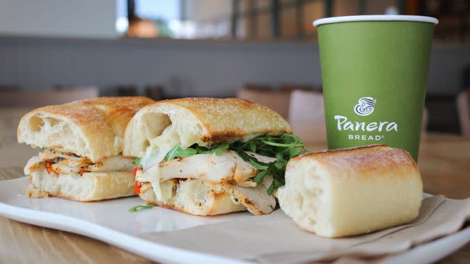 COLUMBUS, GEORGIA/USA - 06-20-2019 Tuscan Grilled Chicken Sandwich on a white plate at a Panera Bread restaurant in Columbus, GA.