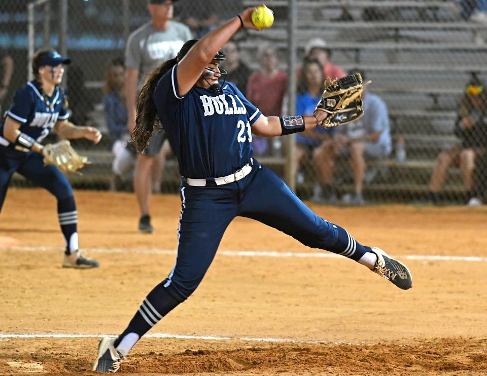 Parrish Community High’s Isabella "Isa" Vega pitches against Lakewood Ranch, Thursday night March 23, 2023, at Lakewood Ranch High.