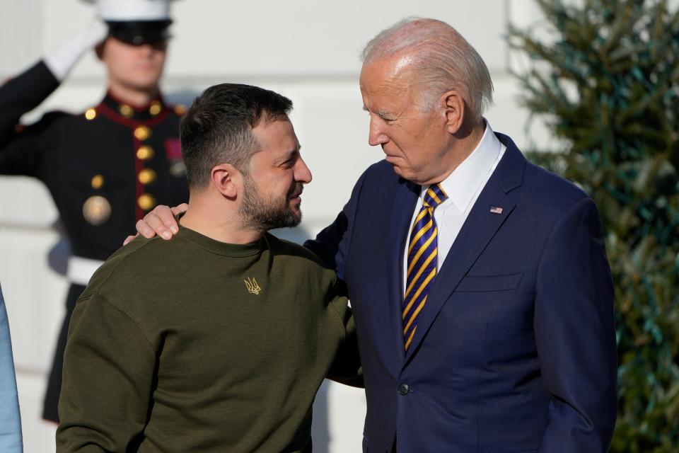 President Biden welcomes President Volodymyr Zelenskyy of Ukraine on the South Lawn of the White House December 21, 2022.  The Ukrainian President visited Washington to meet with Biden and US lawmakers. President Zelenskyy will also address a joint meeting of Congress at the Capitol during his first trip outside his country since Russia began its violent invasion of Ukraine in February.