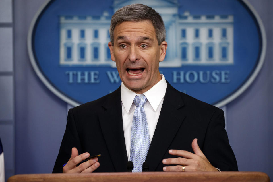 Acting Director of United States Citizenship and Immigration Services Ken Cuccinelli, speaks during a briefing at the White House, Monday, Aug. 12, 2019, in Washington. (AP Photo/Evan Vucci)