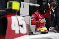 Santino Ferrucci waits in his pits during testing at the Indianapolis Motor Speedway, Thursday, April 8, 2021, in Indianapolis. (AP Photo/Darron Cummings)