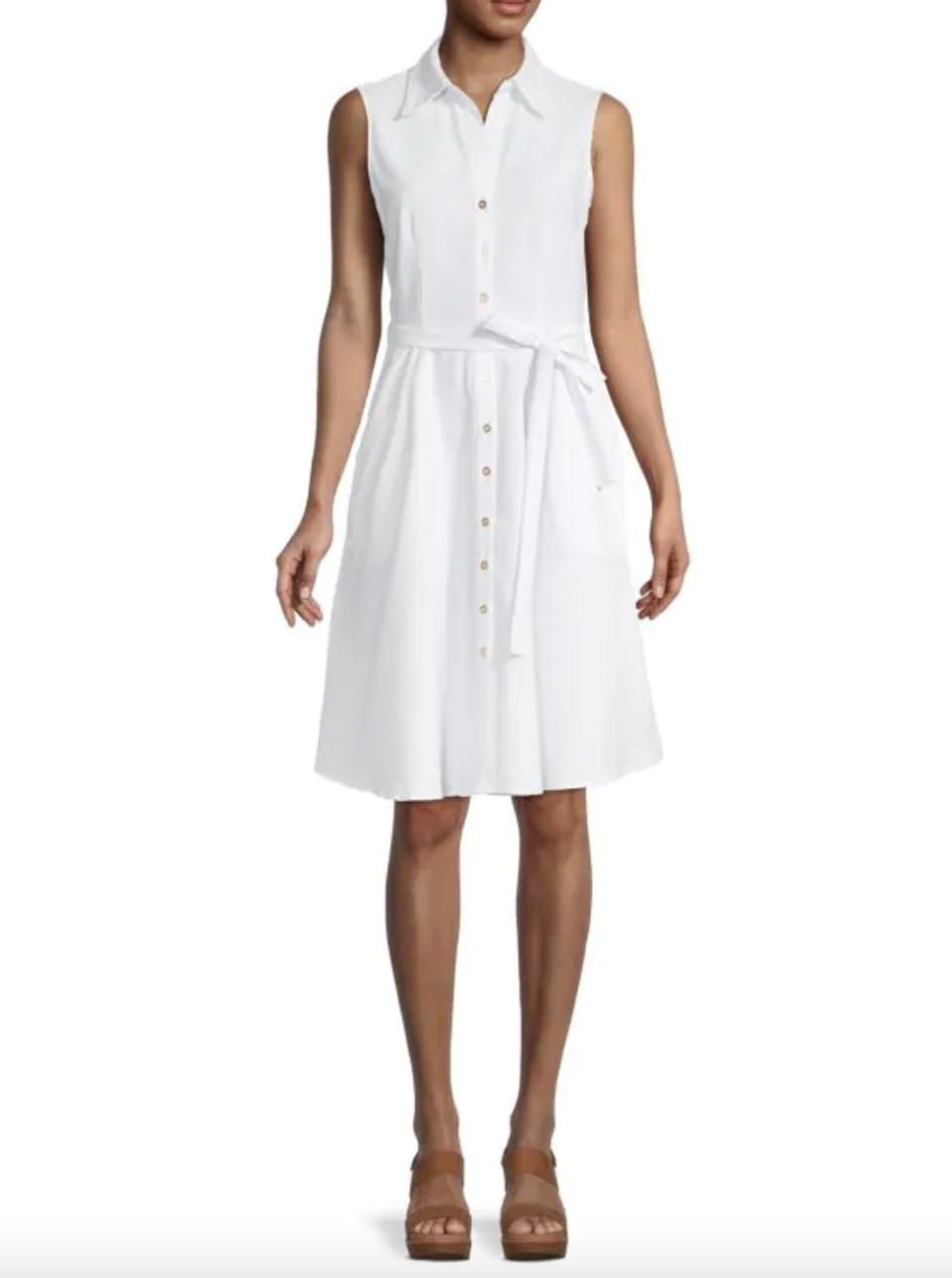 ​model in brown shoes and white sleeveless dress, Sharagano Sleeveless Belted Shirt Dress (Photo via Saks Off Fifth)