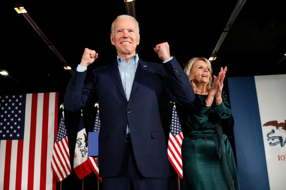 Democratic presidential candidate former Vice President Joe Biden at a caucus night campaign rally on Feb. 3, 2020, in Des Moines with Jill Biden.