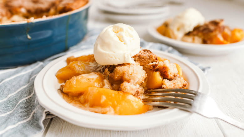 Peach crisp and ice cream