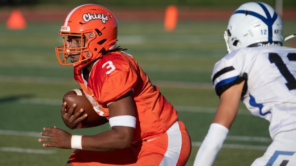 Cherokee's Murad Campfield runs the ball during the football game between Cherokee and Hammonton, played at Cherokee High School in Marlton on Thursday, August 31, 2023.  