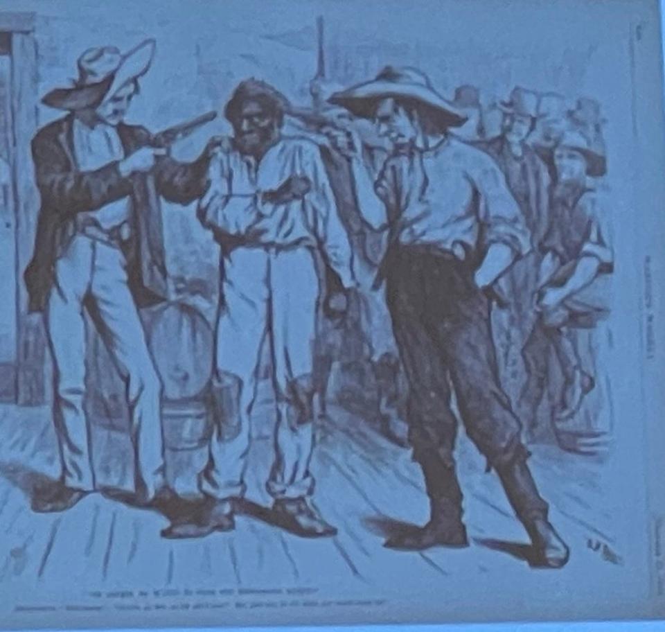 A drawing showing a Black man being intimidated and prevented from voting.