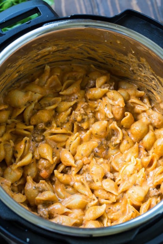 <p>Spicy Southern Kitchen</p><p>This easy Instant Pot dinner recipe is so creamy and cheesy. Pasta shells and ground beef are cooked in a tomato sauce and then Parmesan cheese, cream and cream cheese get mixed in.</p><p><strong>Get the recipe: <a href="https://spicysouthernkitchen.com/instant-pot-creamy-shells-and-beef/" rel="nofollow noopener" target="_blank" data-ylk="slk:Instant Pot Creamy Shells and Beef;elm:context_link;itc:0;sec:content-canvas" class="link ">Instant Pot Creamy Shells and Beef</a></strong></p>