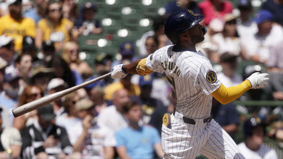 Milwaukee Brewers' Jackson Chourio watches after hitting a three-run home run during the second inning of a baseball game against the Chicago White Sox, Sunday, June 2, 2024, in Milwaukee. (AP Photo/Aaron Gash)