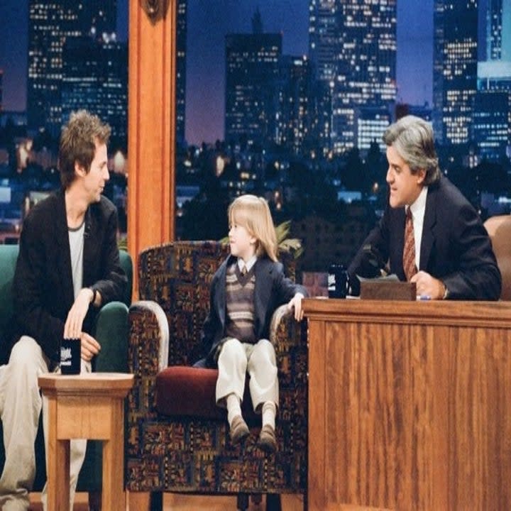 Actor Dana Carvey and child actor Haley Joel Osment during an interview with host Jay Leno on October 11, 1995