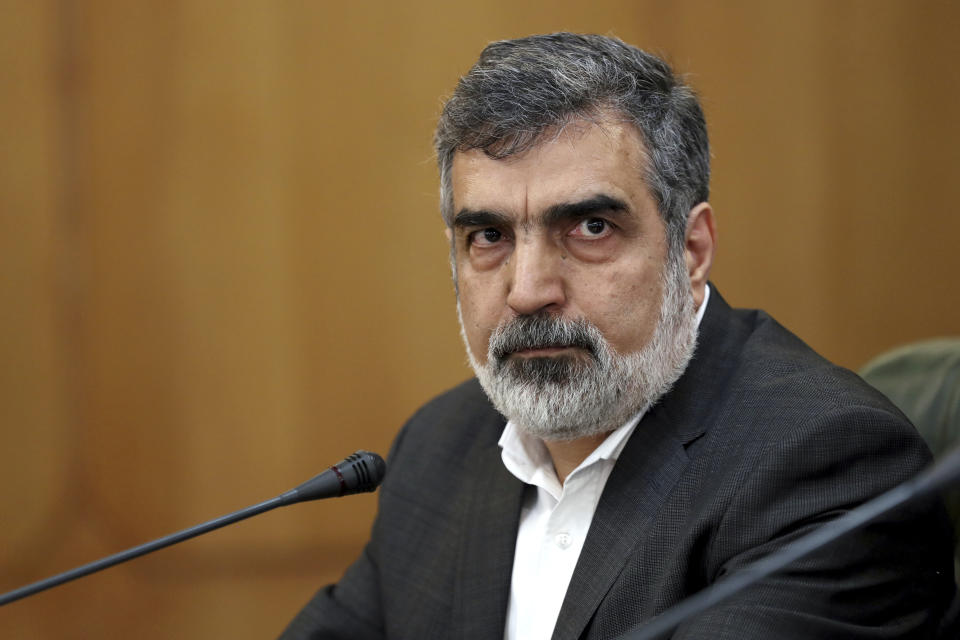 FILE - In this July 7, 2019, file photo, spokesman of the Atomic Energy Organization of Iran Behrouz Kamalvandi attends a press briefing in Tehran, Iran. Iran has begun injecting uranium gas into advanced centrifuges in violation of its 2015 nuclear deal with world powers, Kamalvandi said Saturday, Sept. 7, 2019. (AP Photo/Ebrahim Noroozi, File)