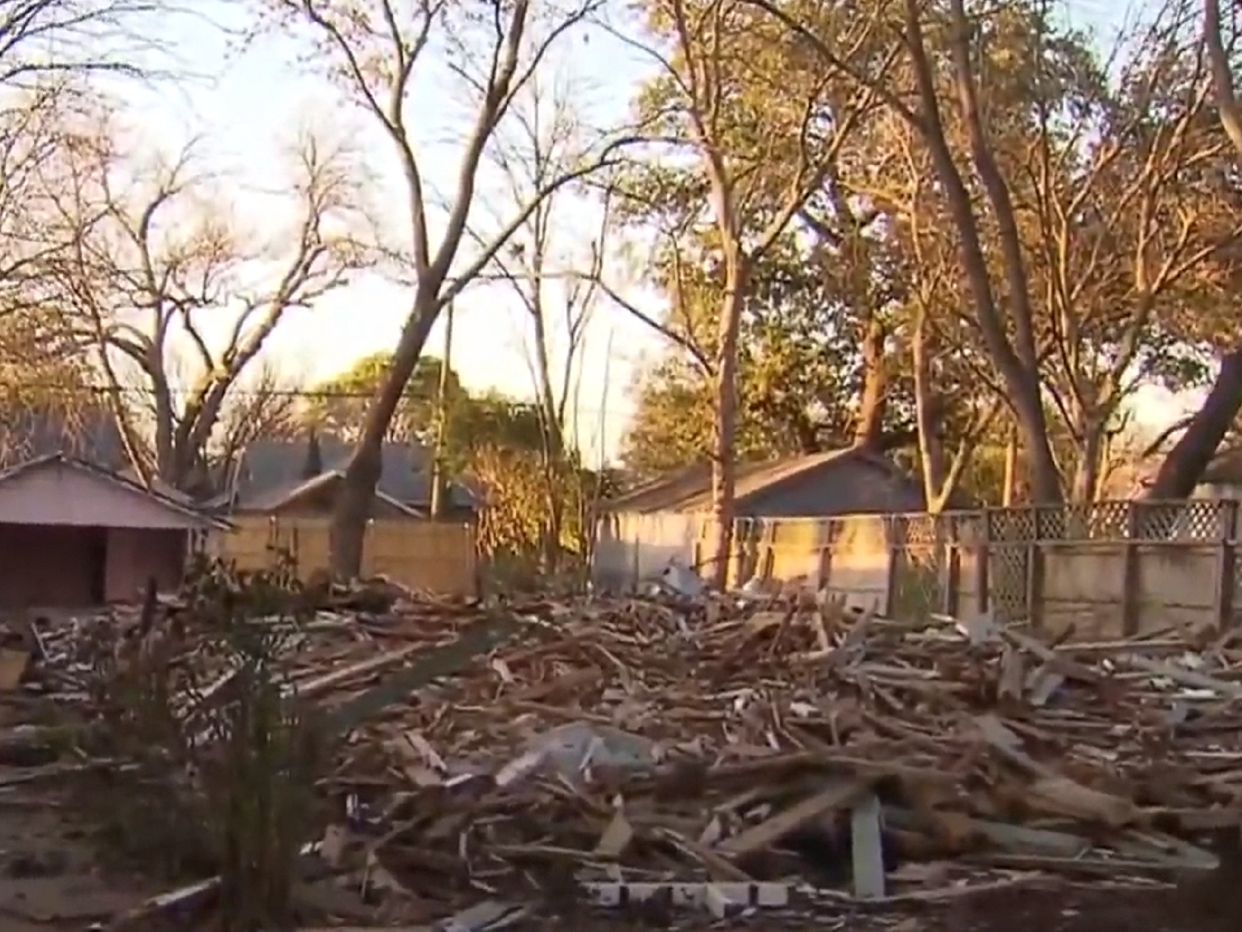 Still image taken from video of a 97-year-old house in the historic neighbourhood of Vickory Place, Dallas, US, which was accidentally demolished instead of another house: CBSDFW.com