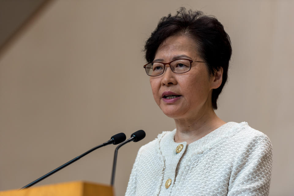 HONG KONG, CHINA - 2019/09/10: Carrie Lam, Hong Kong's Chief Executive, addresses a press regarding the recent protest activity and fields various questions from reporters. Carrie Lam held a press conference to discuss her plan on quelling the anti-extradition protests that have continued since the beginning of summer. She criticised recent acts of violence and emphasised the need to ensure the safety of Hong Kong's infrastructure. (Photo by Aidan Marzo/SOPA Images/LightRocket via Getty Images)