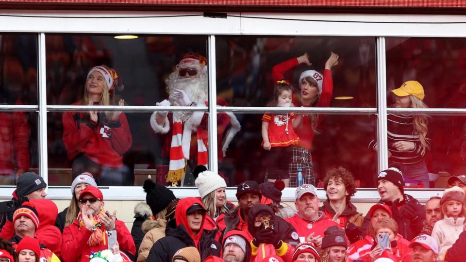 PHOTO: Taylor Swift is seen in a suite prior to a game between the Las Vegas Raiders and the Kansas City Chiefs at GEHA Field at Arrowhead Stadium on December 25, 2023 in Kansas City, Missouri. (Jamie Squire/Getty Images)