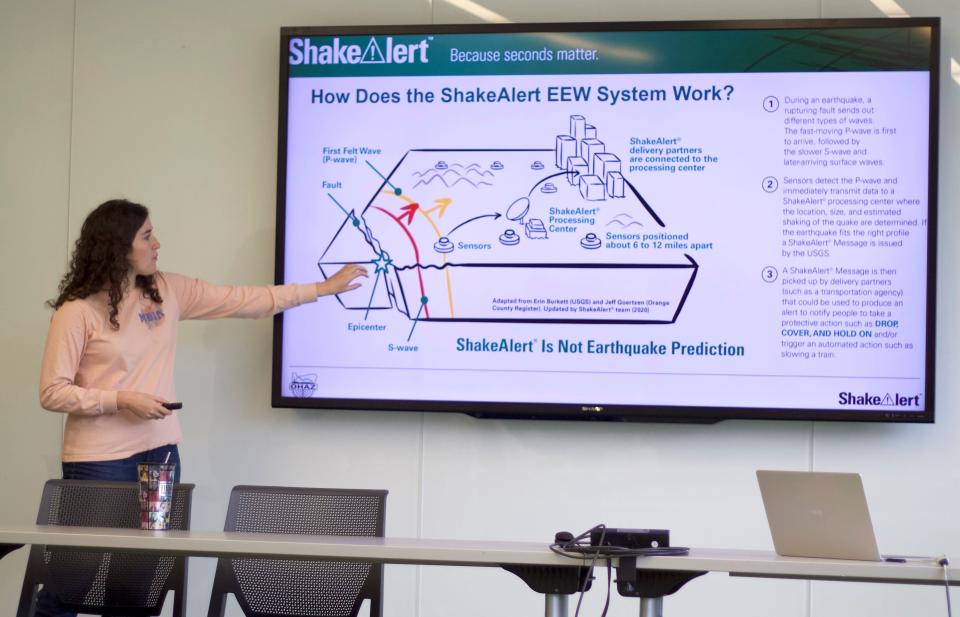 Kelly Missett, ShakeAlert regional coordinator, gives a presentation on ShakeAlert and goes over earthquake safety at the University of Oregon on Oct. 18.