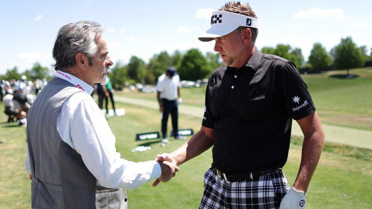  Ian Poulter talks to David Feherty, the latest member of the LIV Golf broadcast team 