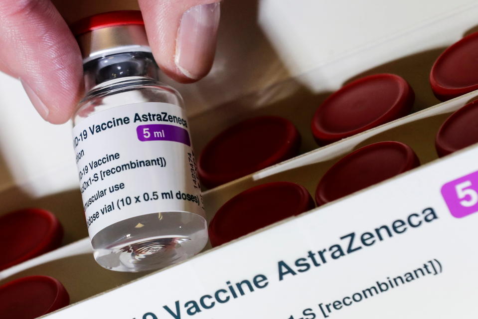 A vial with the AstraZeneca's coronavirus disease (COVID-19) vaccine is pictured in Berlin, Germany, March 16, 2021. REUTERS/Hannibal Hanschke