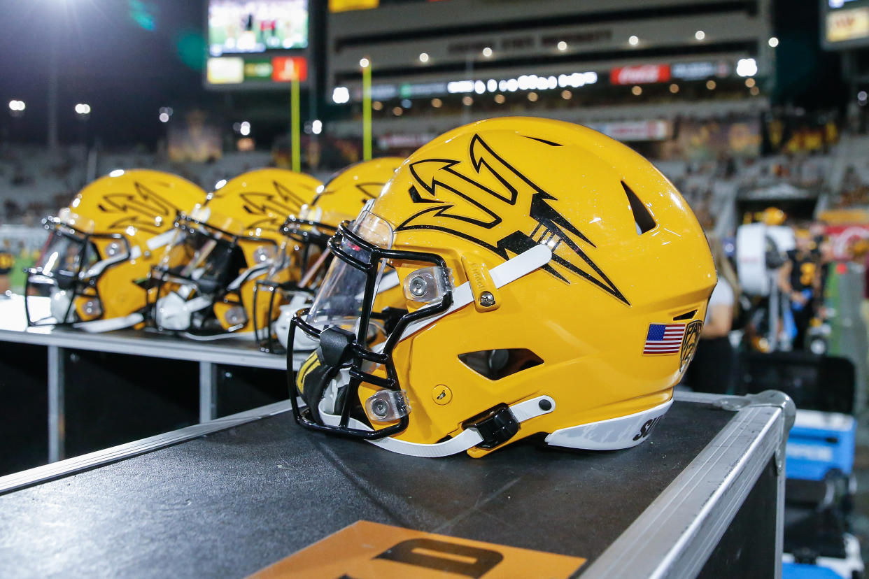 TEMPE, AZ - SEPTEMBER 24:  Arizona State Sun Devils helmets during the college football game between the Utah Utes and the Arizona State Sun Devils on September 24, 2022 at Sun Devil Stadium in Tempe, Arizona. (Photo by Kevin Abele/Icon Sportswire via Getty Images)
