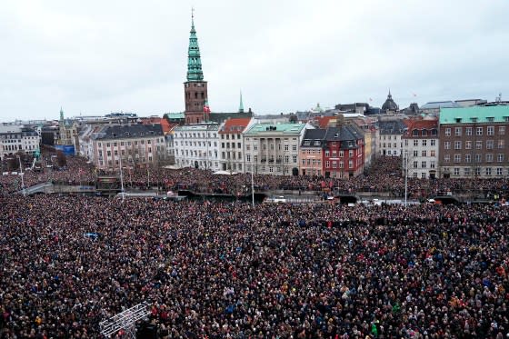 Thousands gathered in the Christiansborg Castle Square to witness the momentous occasion on Jan. 14, 2024.<span class="copyright">Mads Claus Rasmussen/Ritzau Scanpix—Getty Images</span>