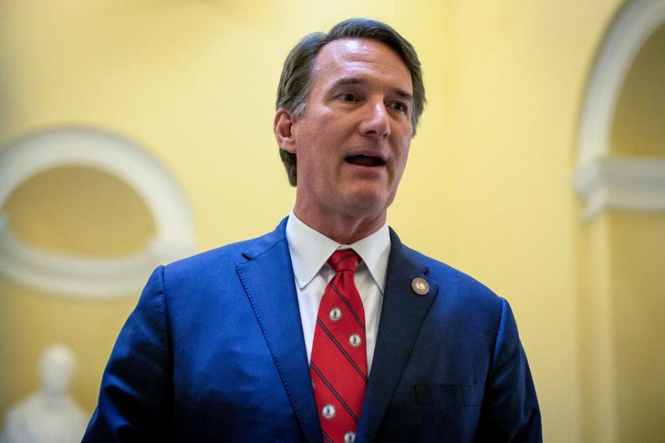 Virginia Gov. Glenn Youngkin speaks to members of the press inside the Rotunda of the state Capitol building on Feb. 25, 2023, in Richmond, Va.