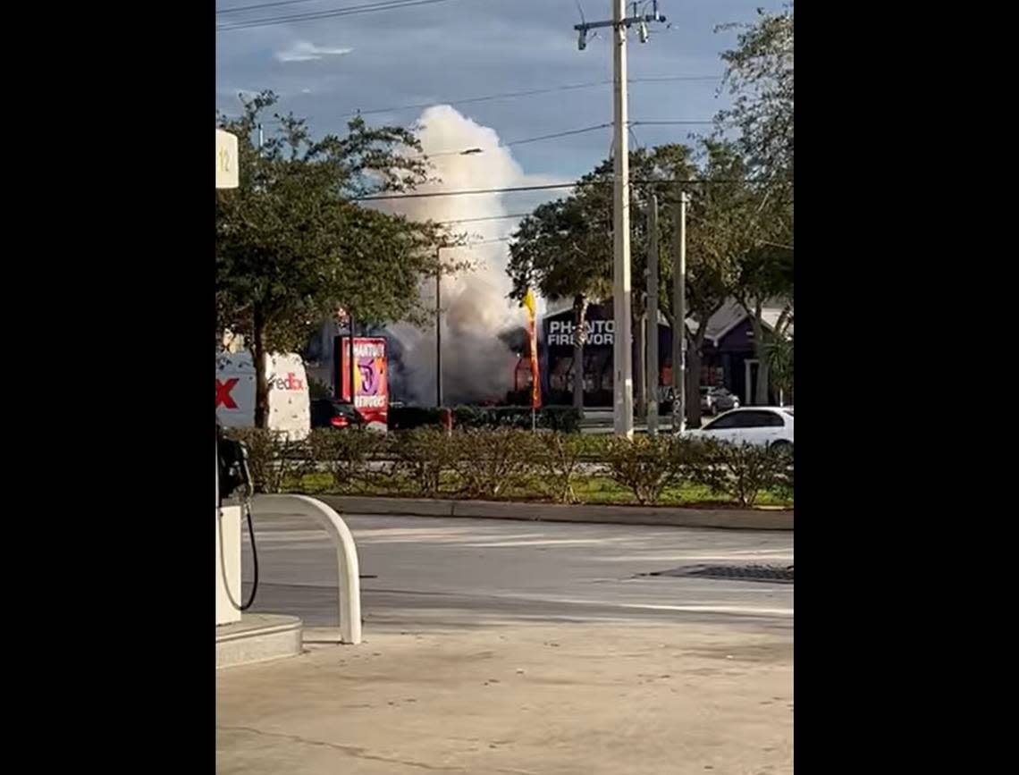 Screen grab from video posted to Facebook by Alyssa Peterson from across U.S. 192 as Phantom Fireworks engulfs in flames after an SUV crashed inside, according to Florida Highway Patrol and Brevard County Fire Rescue.