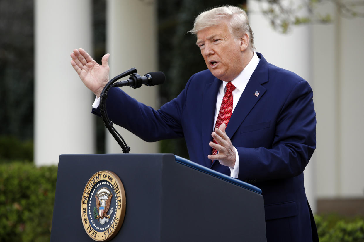 President Trump speaks during a coronavirus task force briefing in the Rose Garden on Sunday. (AP Photo/Patrick Semansky)