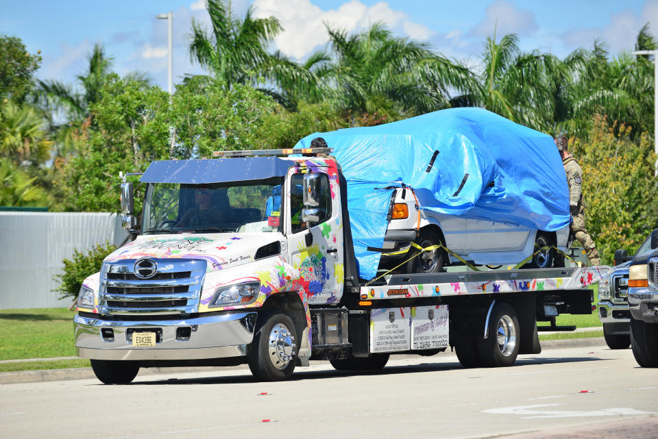 A van belonging to pipe bomb suspect Cesar Sayoc arrives at the FBI's offices in Miramar, Fla., Oct. 26, 2018. (Photo by Johnny Louis/Getty Images)