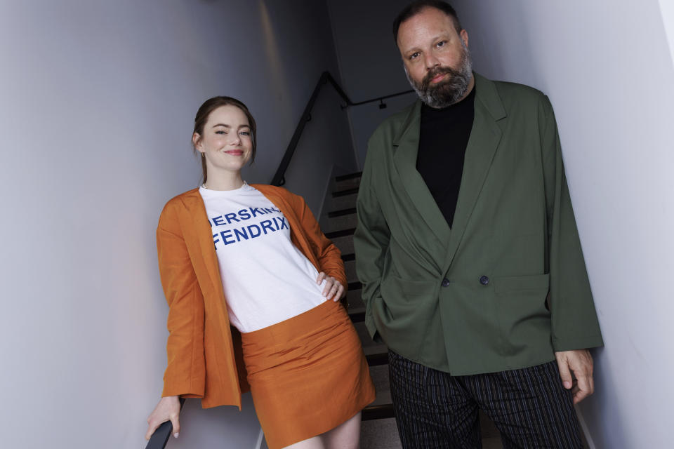 Emma Stone, left, and director Yorgos Lanthimos pose for a portrait photograph for the film 'Kinds of Kindness' at the 77th international film festival, Cannes, southern France, Saturday, May 18 2024. (Photo by Vianney Le Caer/Invision/AP)