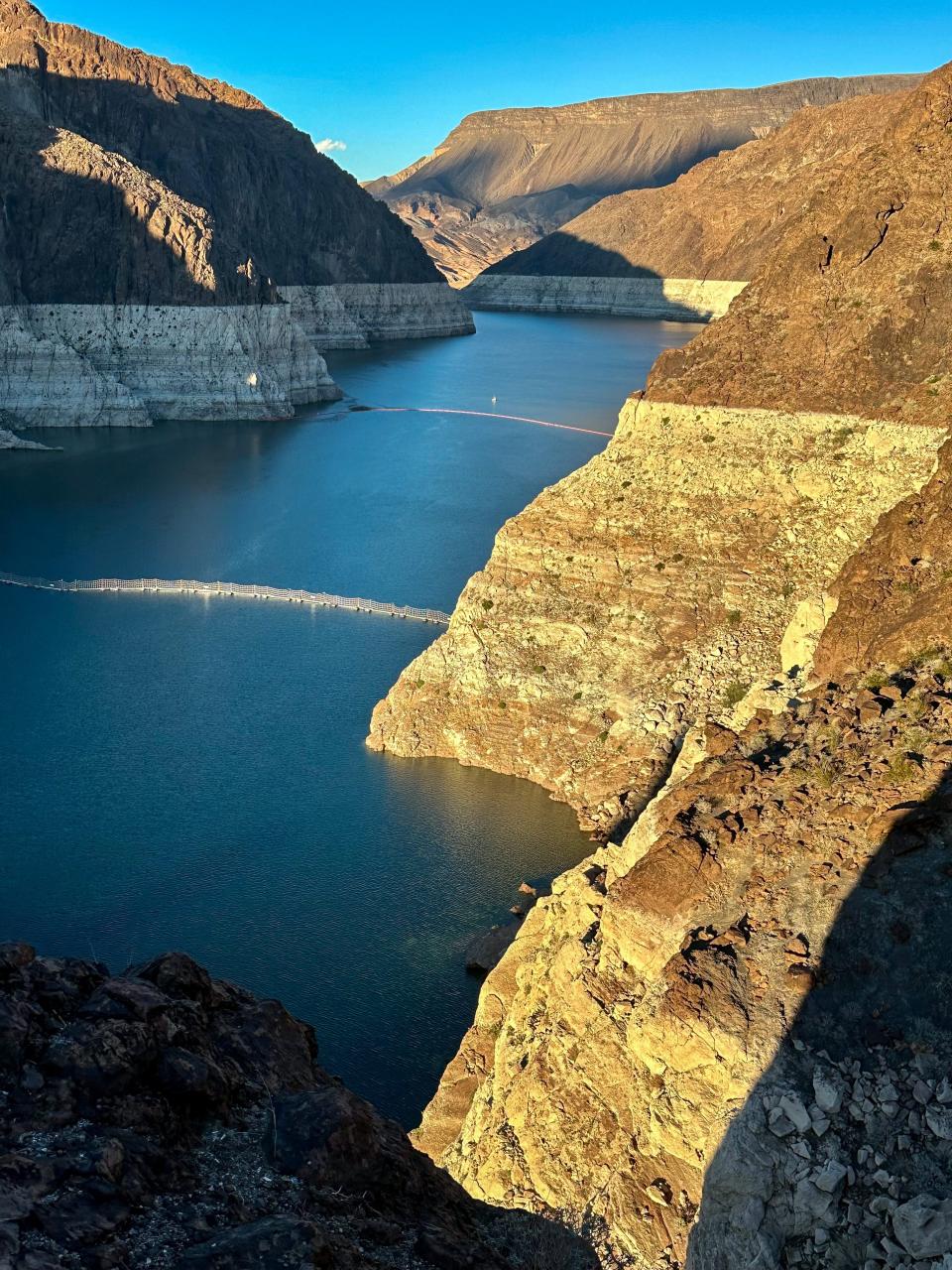 A white "bathtub ring" shows the former full level of Lake Mead near Las Vegas in this November 2022 file photo. The water level at this time was 181 feet lower than the last time the lake was full, in 1983.