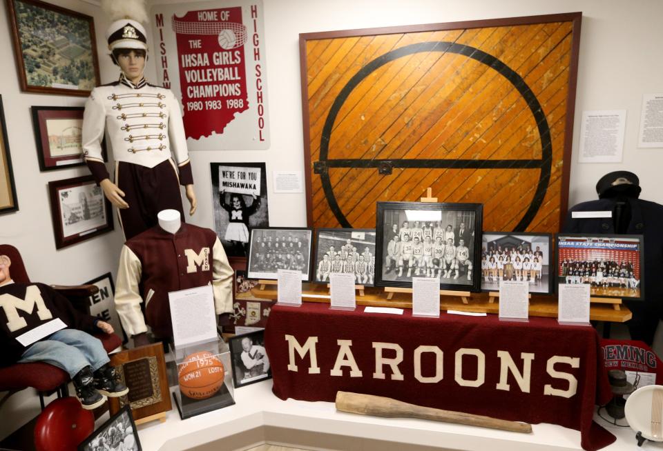 The floor of the Mishawaka High School gym is among the items on display Tuesday, March 14, 2023, at the Mishawaka Historical Museum on South Main Street.