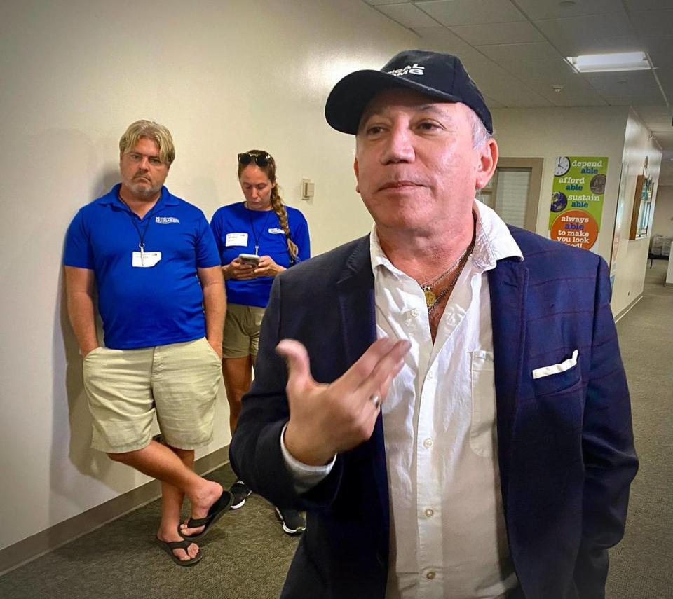 Eduardo Albor, the president of park operator the Dolphin Company talks with the media after Miami-Dade Mayor Daniella Levine Cava held a press conference at the Stephen P. Clark Center in Miami on Thursday, March 7, 2024.