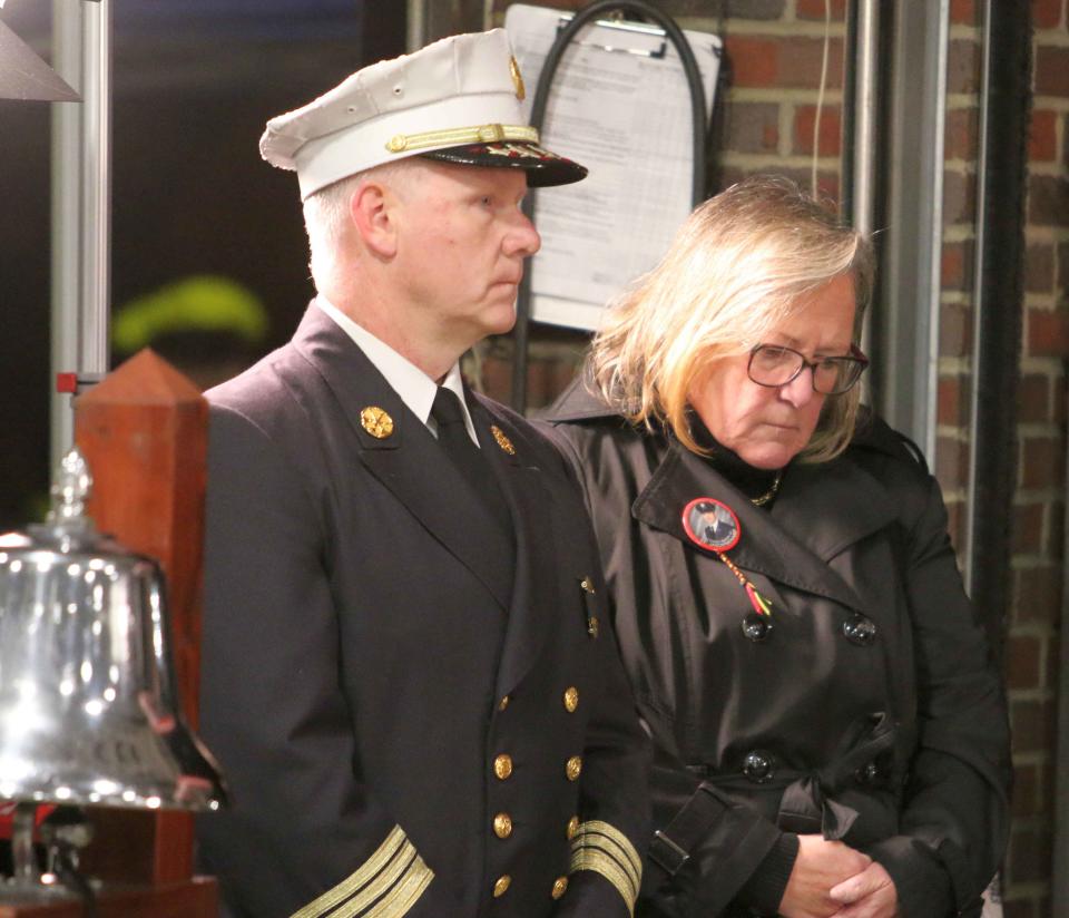 Acting Worcester Fire Chief Martin Dyer, and At-large City Councilor and Chair of Public Safety Kathleen M. Toomey at Saturday's tribute for Fire Lt. Jason Menard.