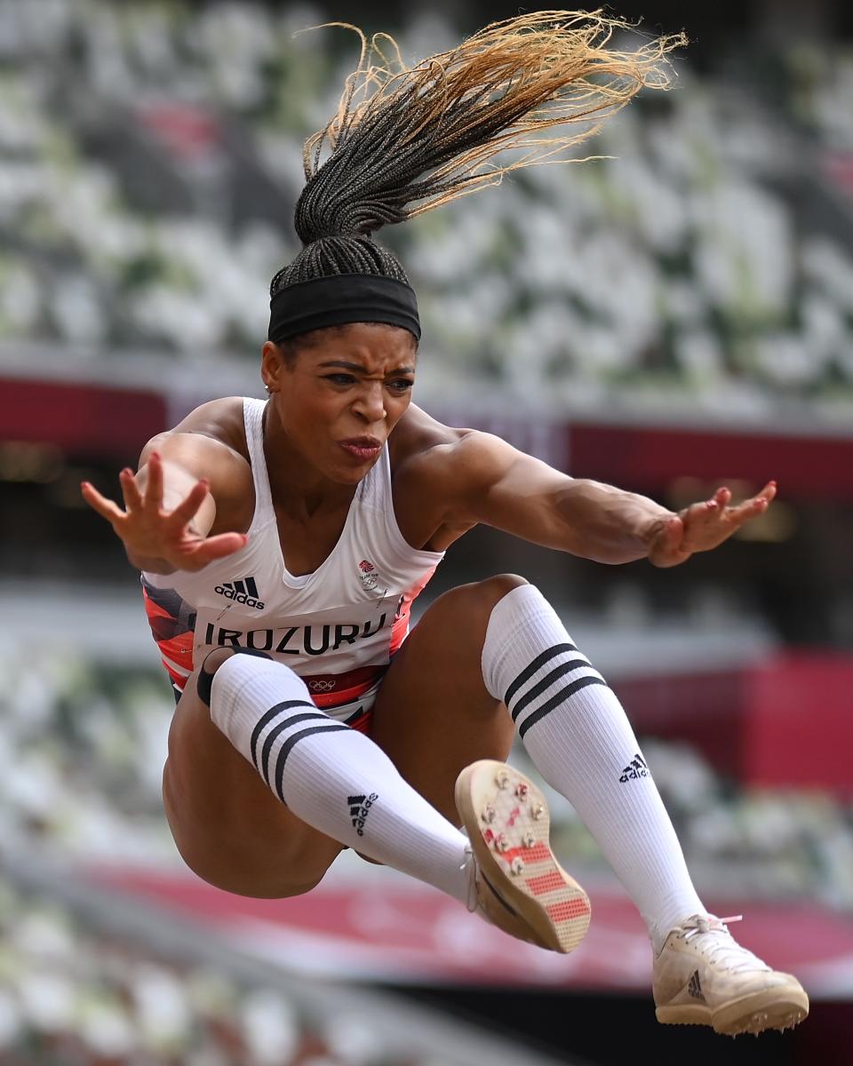 TOKYO, JAPAN - AUGUST 3: Team Great Britain's Abigail Irotsuru competes in the women's long jump final on day 11 of the Tokyo 2020 Olympic Games to be held at the Olympic Stadium in Tokyo on August 3, 2021.  (Photo by Matthias Hungst/Getty Images)