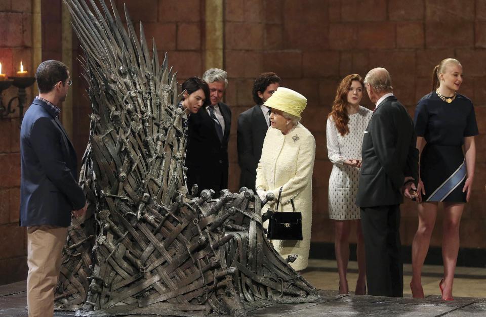 Britain's Queen Elizabeth and Prince Philip visit the set of TV series Game of Thrones, in the Titanic Quarter of Belfast