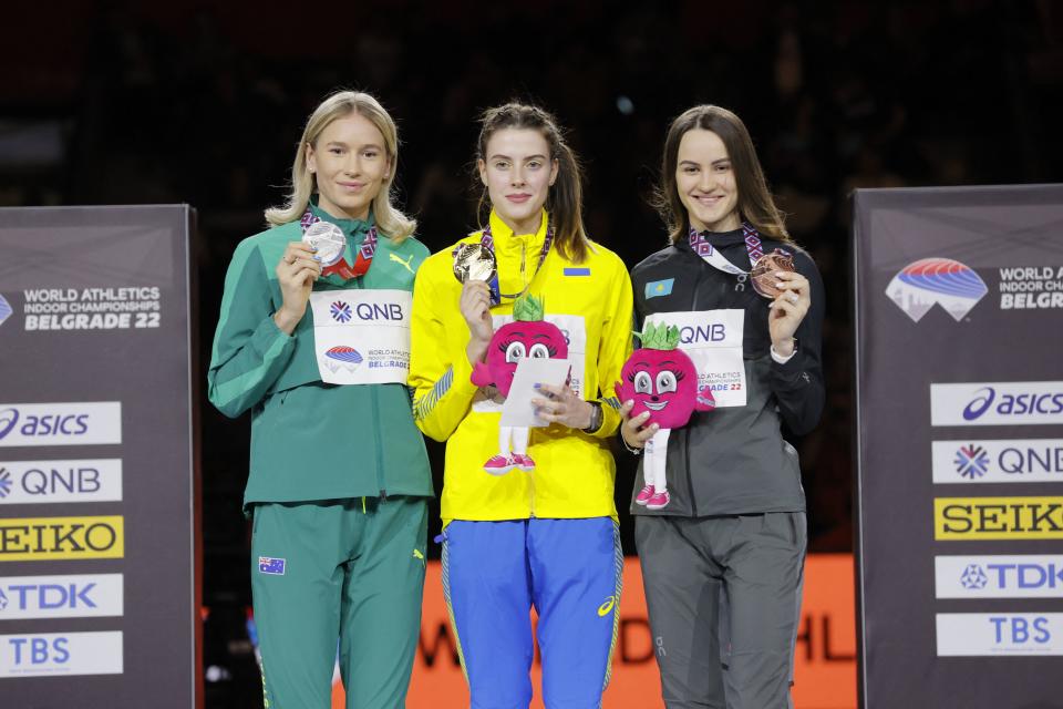 Eleanor Patterson, Yaroslava Mahuchikh and Nadezhda Dubovitskaya, pictured here on the podium after the women's high jump final.