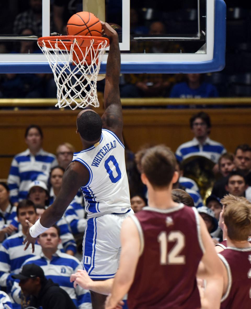 Nov 21, 2022; Durham, North Carolina, USA;  Duke Blue Devils forward Dariq Whitehead(0) dunks during the first half against the Bellarmine Knights at Cameron Indoor Stadium. Mandatory Credit: Rob Kinnan-USA TODAY Sports