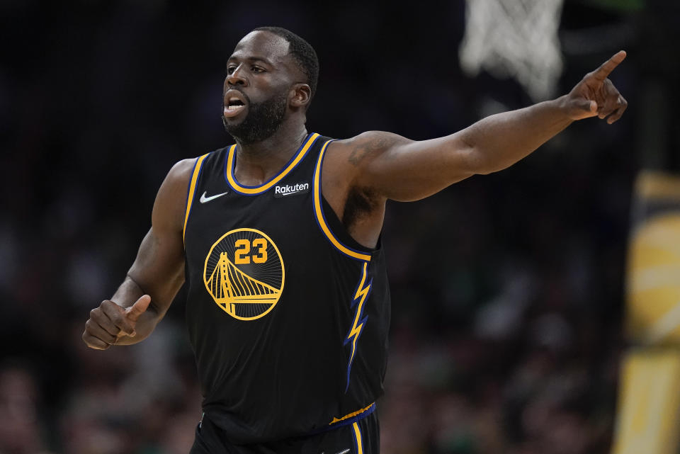 Golden State Warriors forward Draymond Green (23) reacts during the second quarter of Game 4 of basketball's NBA Finals against the Boston Celtics, Friday, June 10, 2022, in Boston. (AP Photo/Steven Senne)