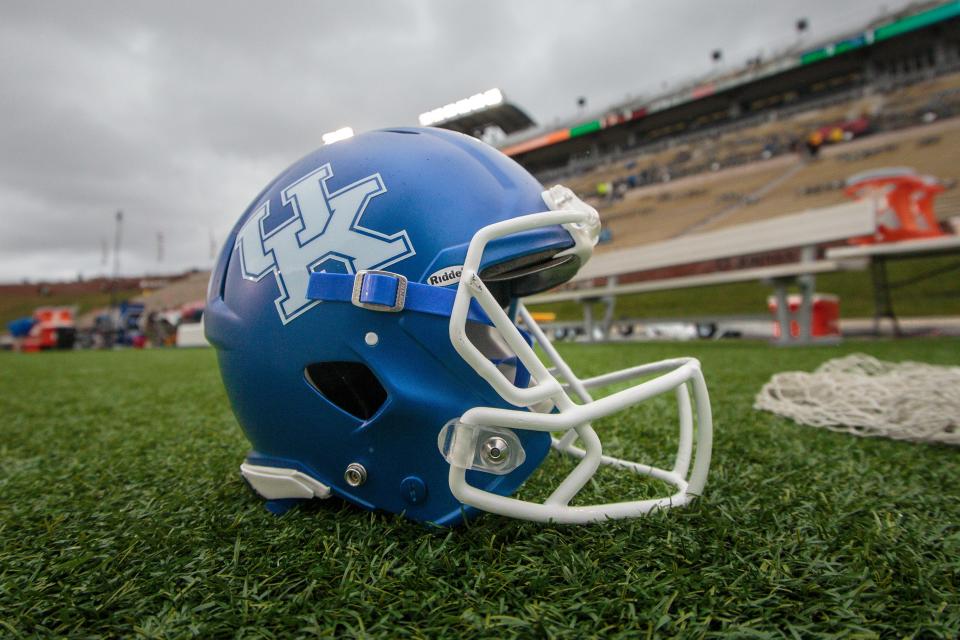 Nov 5, 2022; Columbia, Missouri, USA; Kentucky Wildcats helmet sits on the field prior to the game against the Missouri Tigers at Faurot Field at Memorial Stadium. Mandatory Credit: William Purnell-USA TODAY Sports