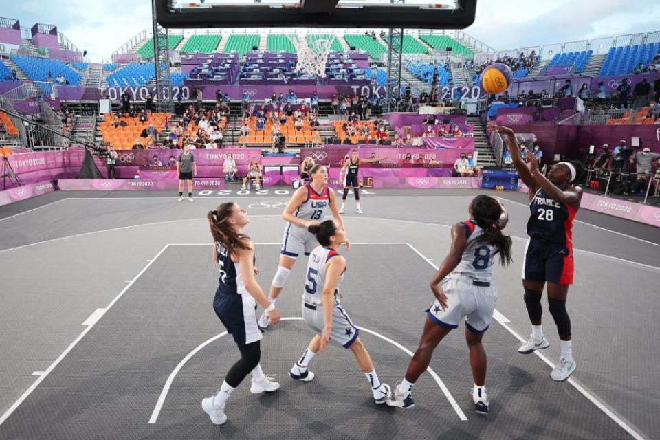 France’s Mamignan Toure shoots during France’s match against the United States at Aomi Urban Sports Park.