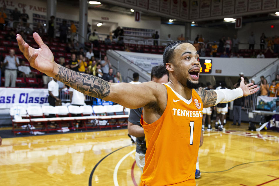 Tennessee guard Lamonte Turner reacts to hitting the winning shot at the buzzer in the Emerald Coast Classic against Virginia Commonwealth in Niceville, Florida, on Saturday.