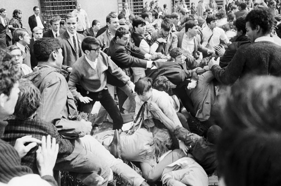 PHOTO: Students supporting the Columbia University sit-in and counter-demonstrating teachers and students engage in a short-lived free-for-all outside Low Library in New York, Apr. 29, 1968. (Bettmann Archive)