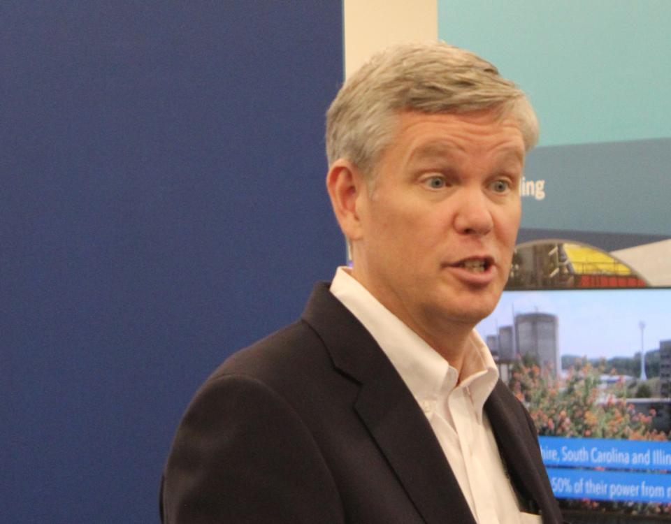 Chris Hansen, chairman of the Nuclear Regulatory Commission, talks to members of the media following a tour of the Brunswick Nuclear Plant on Thursday, January 10, 2024.