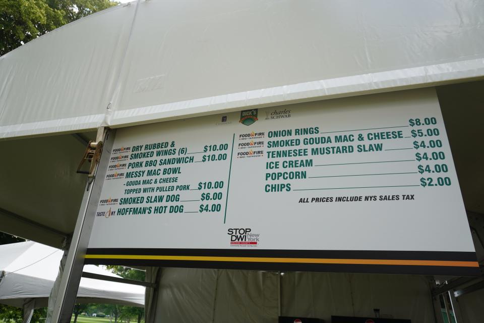 Food menu at the BBQ & Beer Garden at the Dick's Sporting Goods Open on Friday, June 21, 2024.