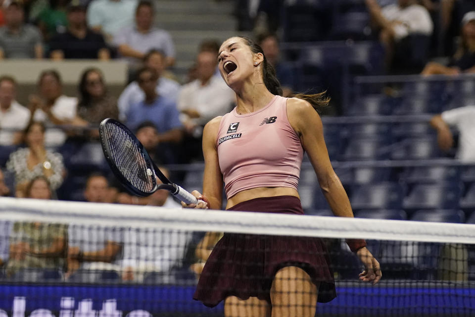 Sorana Cirstea, of Romania, reacts during a match against Karolina Muchova, of the Czech Republic, during the quarterfinals of the U.S. Open tennis championships, Tuesday, Sept. 5, 2023, in New York. (AP Photo/Charles Krupa)